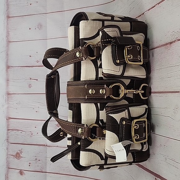 Coach NWT Brown & White Sigbature Satchel - Picture 4 of 12